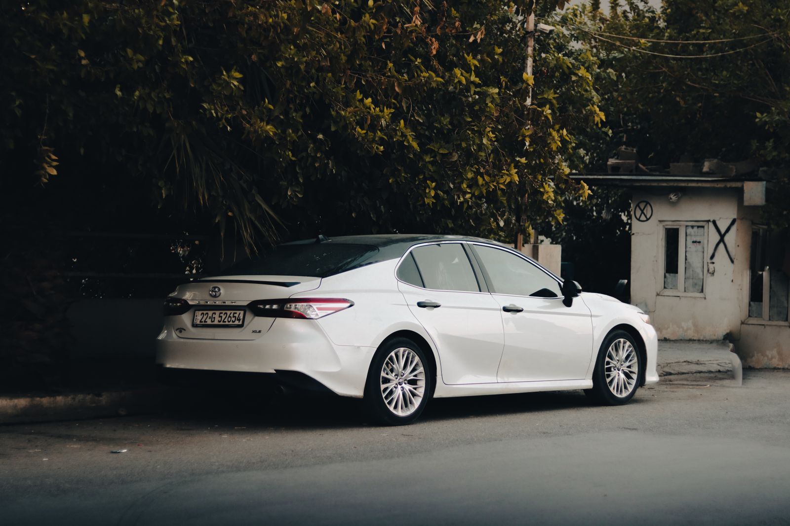 A modern white sedan parked near dense foliage and urban structures, showcasing street life.